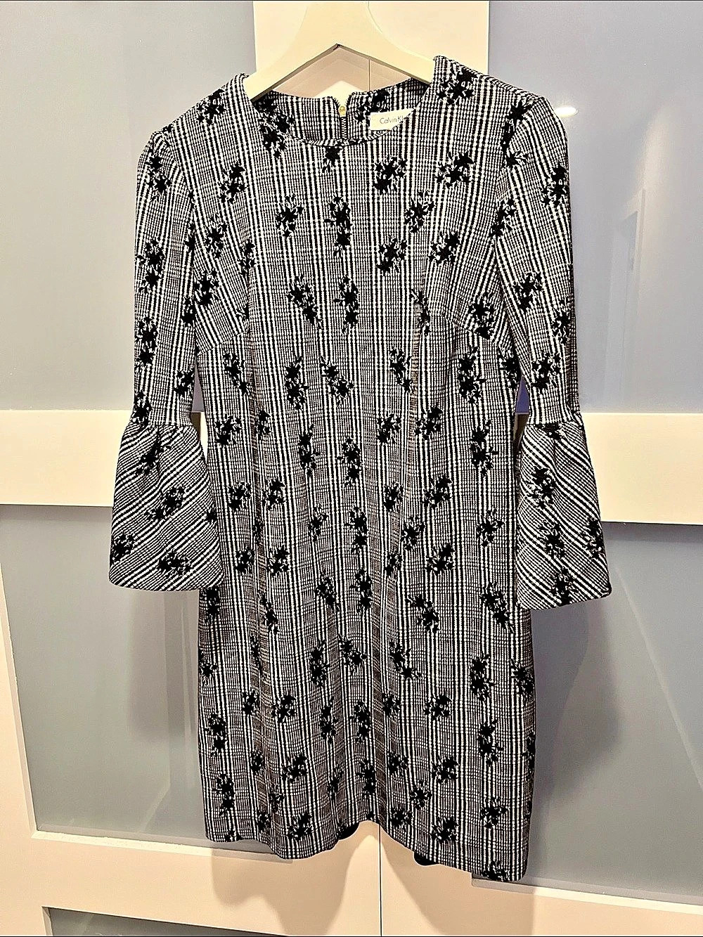 Calvin Klein Plaid Bell-Sleeve Dress Mini Dress Black & White Size 2